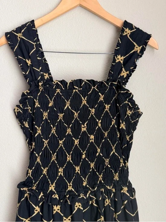 Damson Madder Black & Gold Patterned Smocked Maxi Dress 100% Organic Cotton - Picture 2 of 6